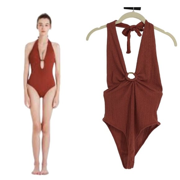 Pull & Bear Rust Orange Brown Halter Ring Bodysuit size S - Picture 1 of 15